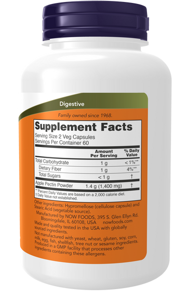NOW Foods Apple Pectin 700mg 120 Veg Capsules (Soluble Fiber) - label view 1
