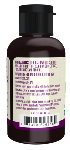 NOW Foods Organic Monk Fruit Liquid Sweetener 2 fl oz (Zero-Calorie) - label view 2