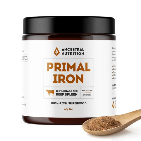 Ancestral Nutrition Primal Iron Natural Heme Iron Supplement Powder from Grass-Fed Beef Spleen for Energy & Red Blood Cell Support 60 gm, Non-Constipating