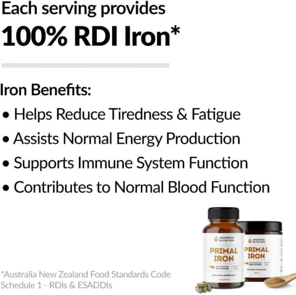 Ancestral Nutrition Primal Iron 100% Grass Fed Beef Spleen 90 Capsules