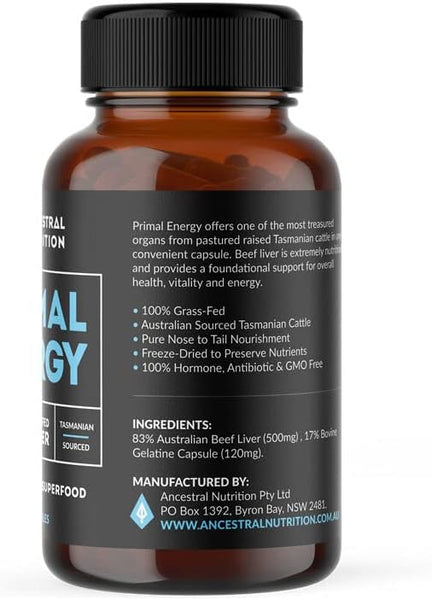 Ancestral Nutrition Primal Energy 100% Grass Fed Beef Liver 120 Capsules