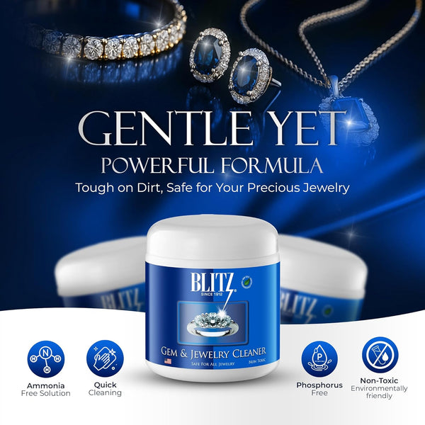 Blitz Gem & Jewelry Cleaner Cleaner Concentrate for all Types of Jewelry, Cleans Precious & Semi-Precious Gemstones. Nontoxic, Non-Abrasive, & Planet Friendly, 8oz Jar With Concentrate Packet