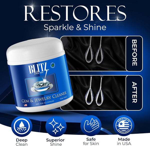 Blitz Gem & Jewelry Cleaner Cleaner Concentrate for all Types of Jewelry, Cleans Precious & Semi-Precious Gemstones. Nontoxic, Non-Abrasive, & Planet Friendly, 8oz Jar With Concentrate Packet