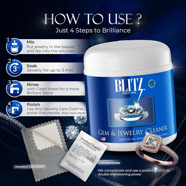 Blitz Gem & Jewelry Cleaner Cleaner Concentrate for all Types of Jewelry, Cleans Precious & Semi-Precious Gemstones. Nontoxic, Non-Abrasive, & Planet Friendly, 8oz Jar With Concentrate Packet