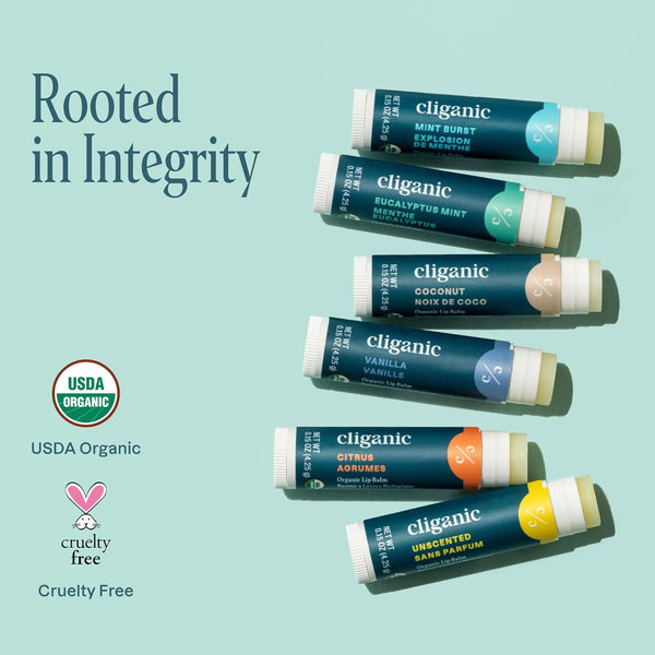 Cliganic Organic Lip Balm Set (6 Flavors) Rainforest Fresh- 100% Natural Hydrating, Moisturizing for Dry Cracked Lips