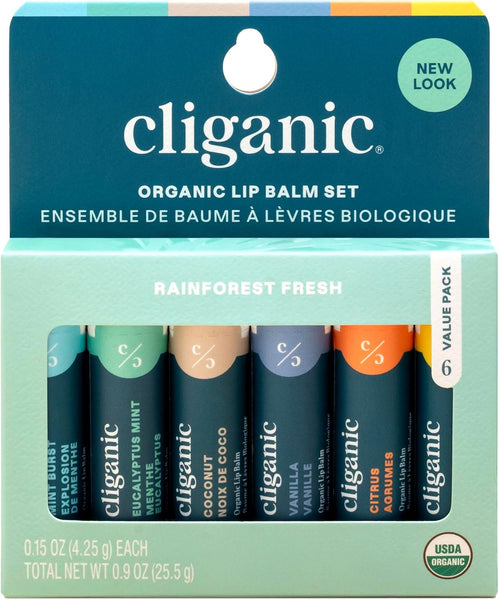 Cliganic Organic Lip Balm Set (6 Flavors) Rainforest Fresh- 100% Natural Hydrating, Moisturizing for Dry Cracked Lips