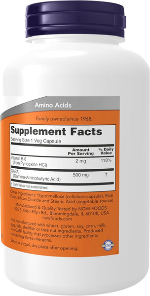 NOW Foods GABA 500 mg 200 Veg Capsules