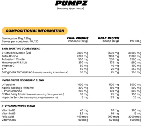 Zombie Labs Pumpz Non-Stim Pre-Workout 400g 40 Scoops
